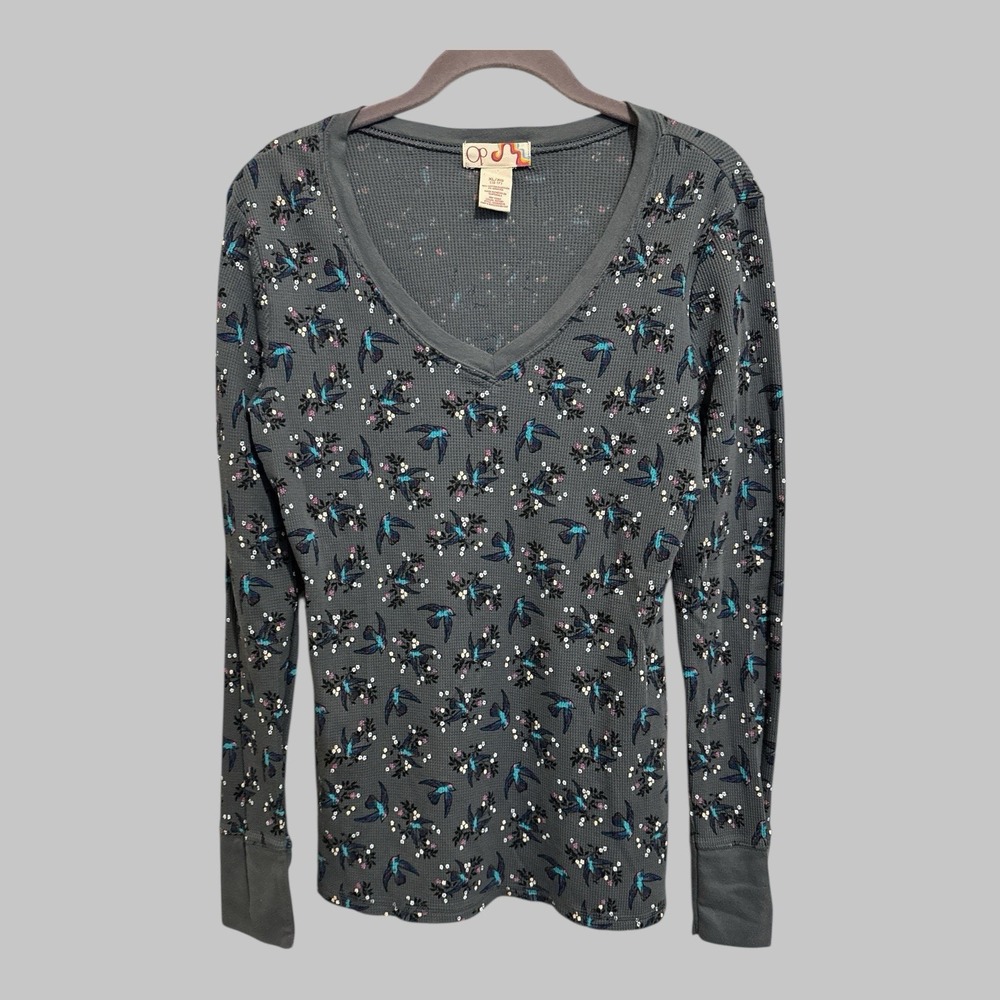 OP Hummingbird Waffle Knit Thermal Top Womens XL Gray V-Neck Long Sleeve Shirt